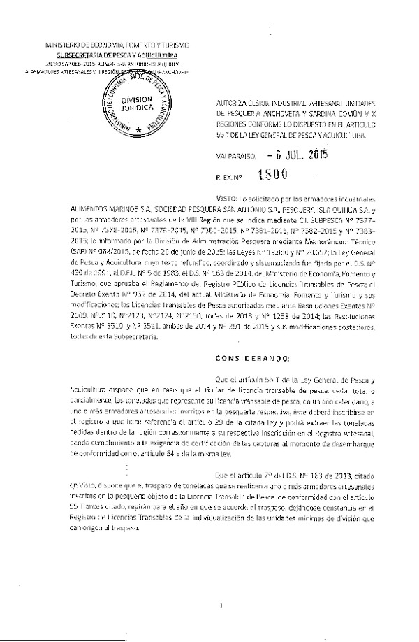 Res. Ex. N° 1800-2015 Autoriza cesión Anchoveta y Sardina común VIII Región.