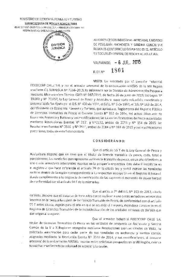 Res. Ex. N° 1801-2015 Autoriza cesión Anchoveta y Sardina común VIII Región.