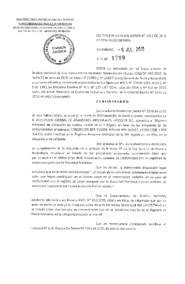 Res. Ex. N°1799-2015 Rectifica Res. Ex N° 1551-2015 Autoriza Cesión Sardina común, X a XIV Región.