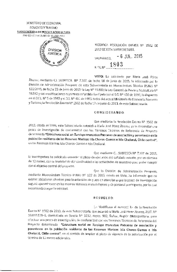 Res. Ex. N° 1803-2015 Modifica Res. Ex. Nº 1502 de 2013 Reservas marinas Isla Choros-Damas e Isla Chañaral