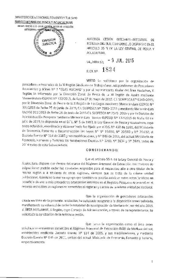 Res. Ex. N° 1834-2015 Autoriza cesión Merluza del sur X-XI Región.