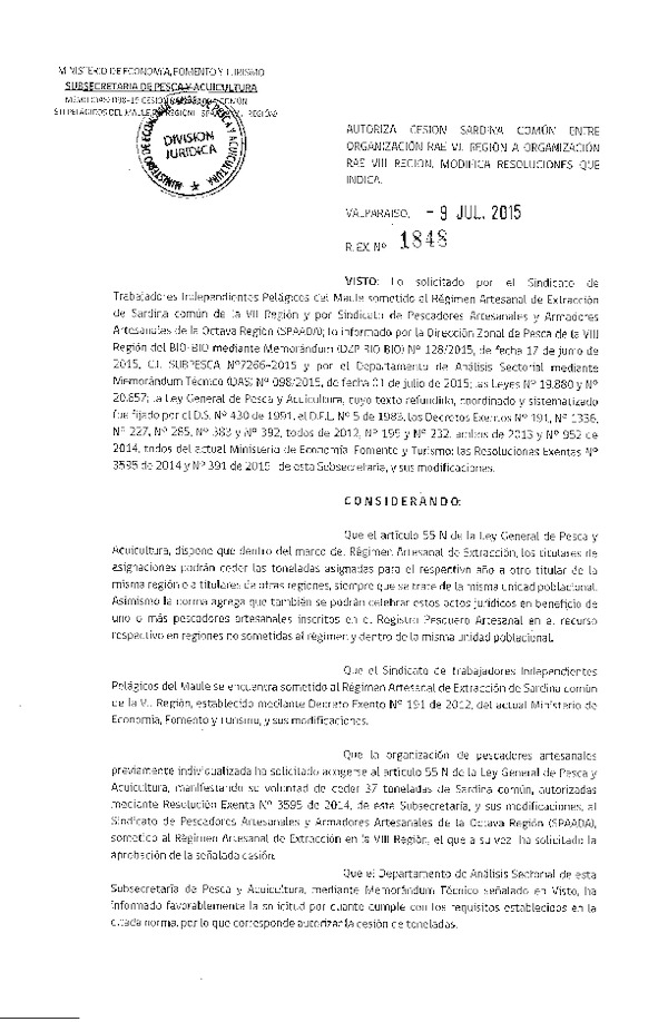 Res. Ex. N° 1848-2015 Autoriza cesión Sardina común, VII a VIII Región.