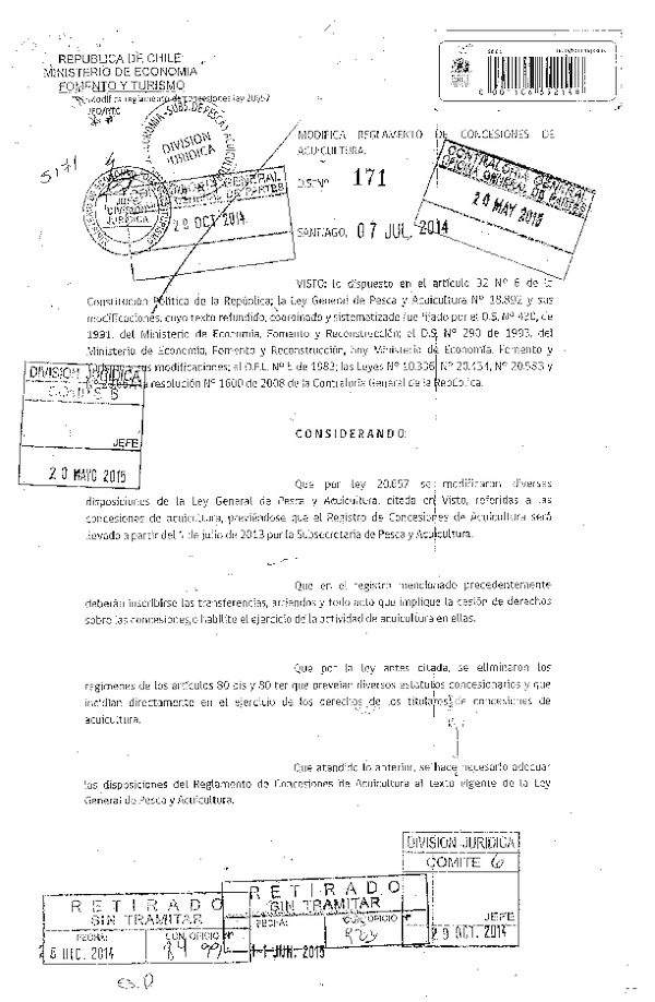 D.S. N° 171-2014 Modifica D.S. N° 290-1993 Reglamento de Concesiones de Acuicultura. (F.D.O. 24-07-2015)