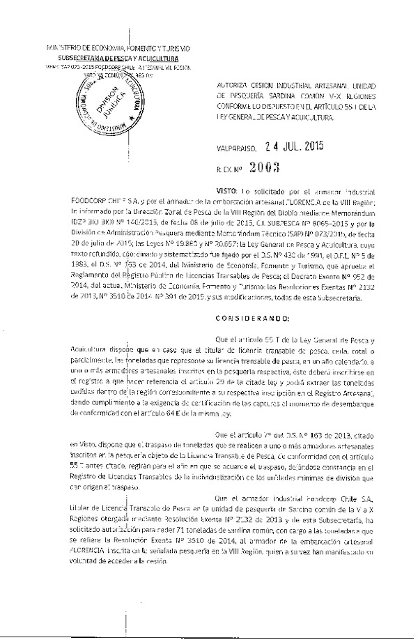 Res. Ex. N° 2003-2015 Autoriza cesión Sardina común VIII Región.