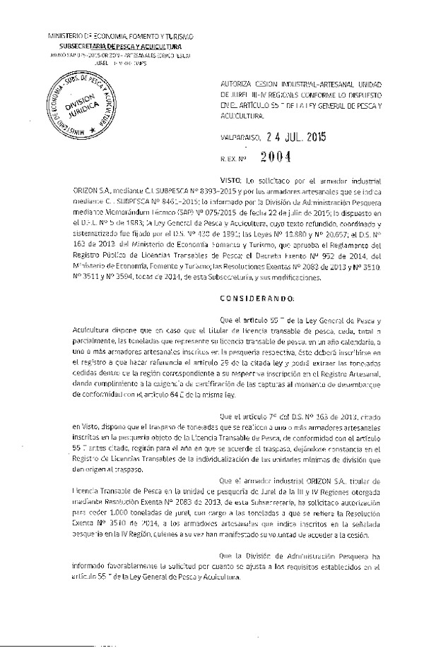 Res. Ex. N° 2004-2015 Autoriza cesión Jurel III-IV Región.
