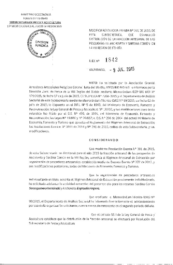 Res. Ex. N° 1842-2015 Modifica Res. Ex N° 391-2015 Distribución de la Fracción Artesanal de la Cuota de Captura Anchoveta y Sardina Común. VIII Región. (F.D.O. 20-07-2015)