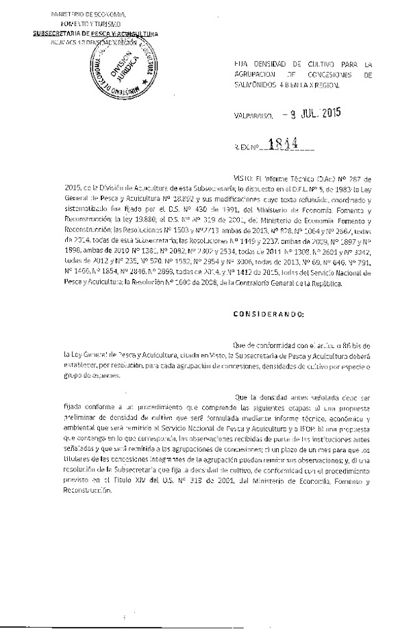 Res. Ex. N° 1844-2015 Fija densidad de cultivo para la agrupación de concesión de Salmónidos 4 B, X Región. (F.D.O. 20-07-2015)