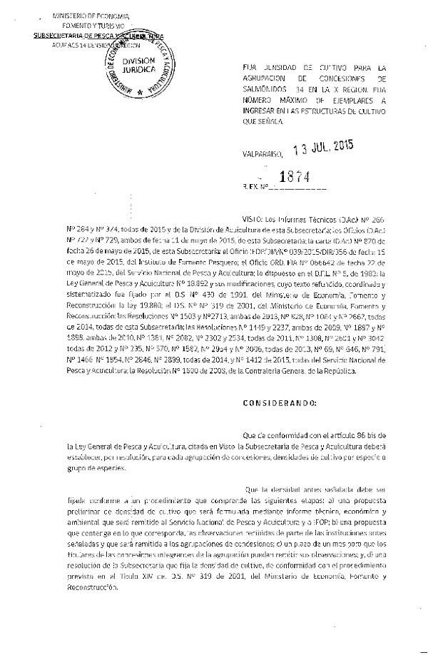 Res. Ex. N° 1874-2015 Fija densidad de cultivo para la agrupación de concesión de Salmónidos 14,  X Región. (F.D.O. 21-07-2015)