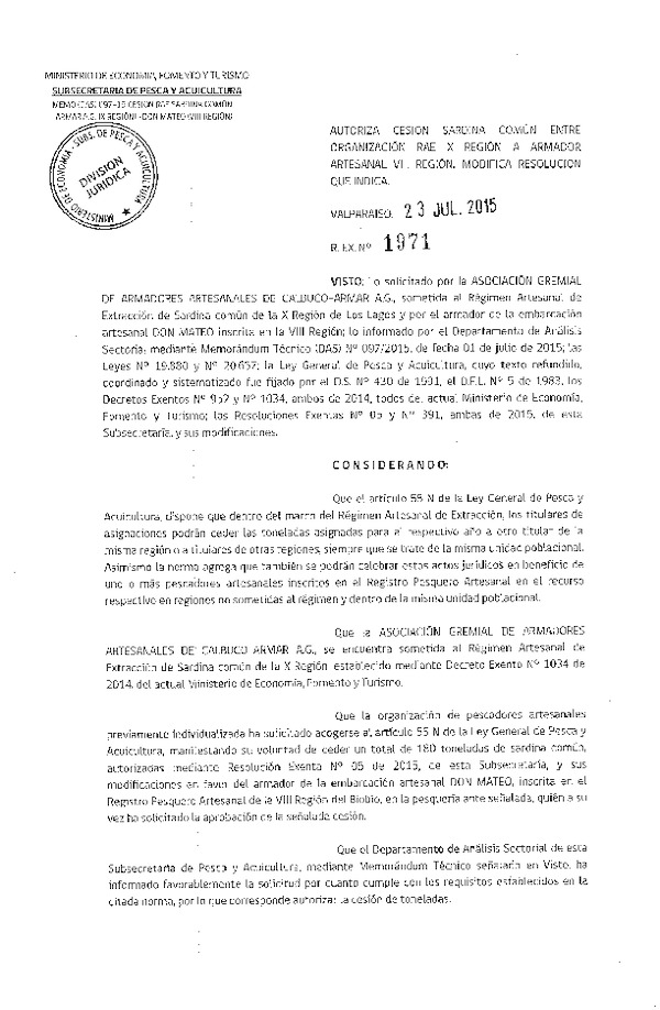 Res. Ex. N° 1971-2015 Autoriza cesión Sardina común, X Región.