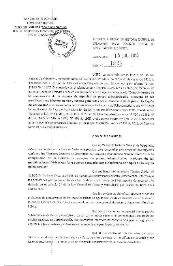 Res. Ex. N° 1921-2015 Conocimiento de la composición de la riqueza de especies dulceacuícola, Región de Valparaíso.