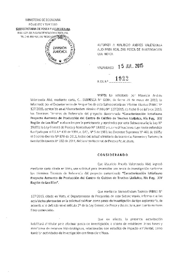 Res. Ex. N° 1922-2015 Caracterización Ictofauna Centro de cultivo de truchas, Río Fuy, XIV Región de Los Ríos.
