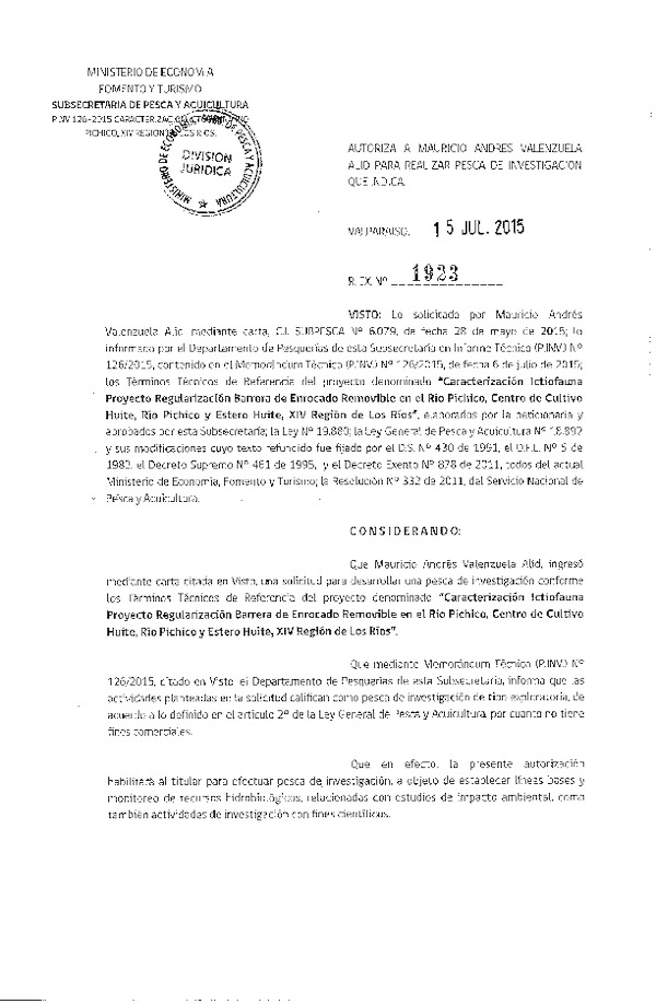 Res. Ex. N° 1923-2015 Caracterización Ictofauna Río Pichico y estero Huite XIV Región de Los Ríos.