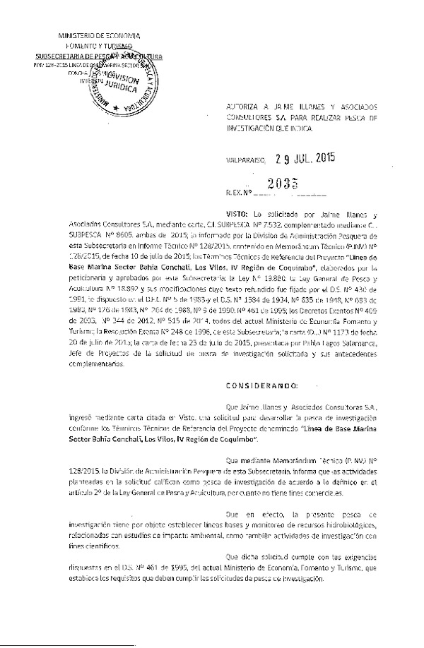 Res. Ex. N° 2035-2015 Línea de base marina sector Bahía Conchalí, Los Vilos, IV Región de Coquimbo.