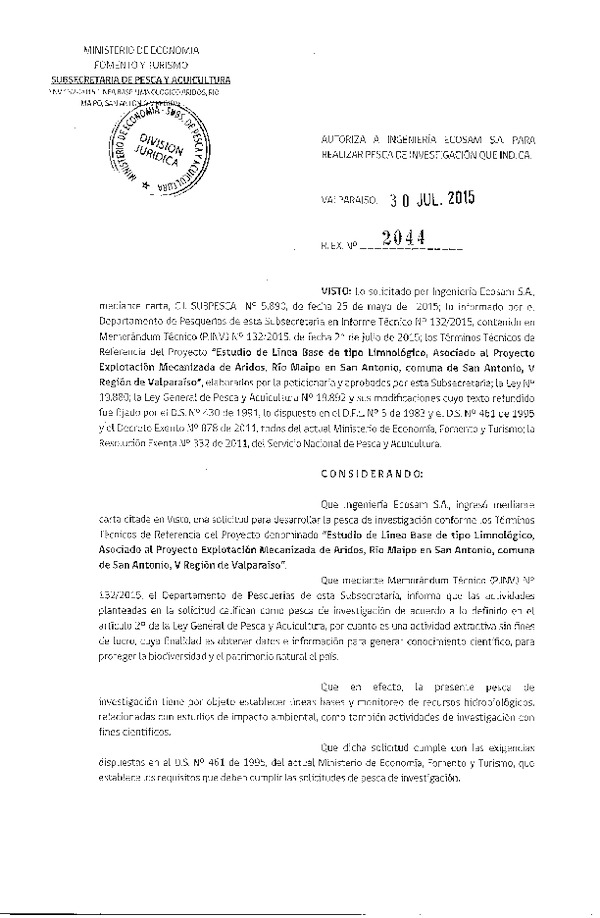 Res. Ex. N° 2044-2015 Estudio de línea base de tipo limnológico, Río Maipo, San Antonio, V Región de Valparaíso.