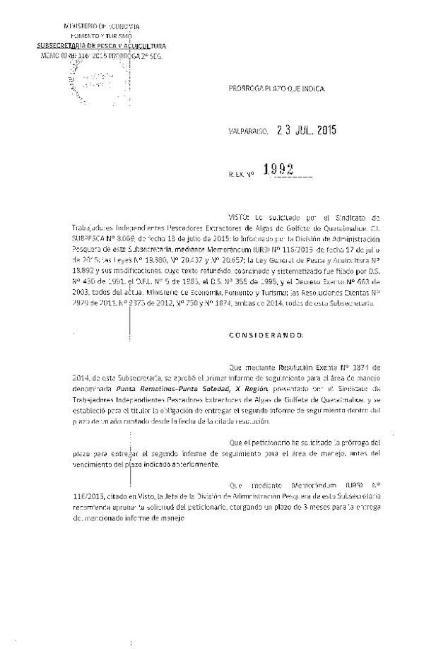 Res. Ex. N° 1992-2015 PRORROGA 2° SEGUIMIENTO.
