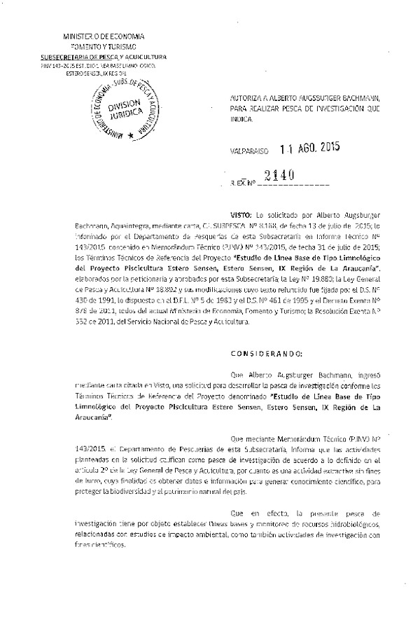 Res. Ex. N° 2140-2015 Estudio de línea base tipo limnológico del proyecto Piscicultura estero Sensen, IX Región de La Araucanía.