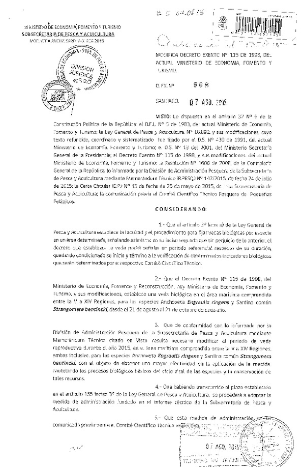 Dec. Ex. Nº 598-2015 Modifica D.EX Nº 115-1998 Veda Biológica Anchoveta y Sardina común V-XIV Región. (F.D.O. 13-08-2015)