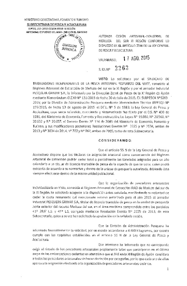 Res. Ex. N° 2263-2015 Autoriza cesión Merluza del sur XI Región.