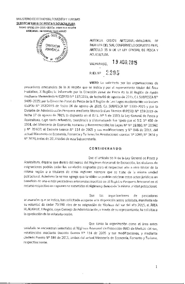 Res. Ex. N° 2295-2015 Autoriza cesión Merluza del sur, XI a X Regíón.