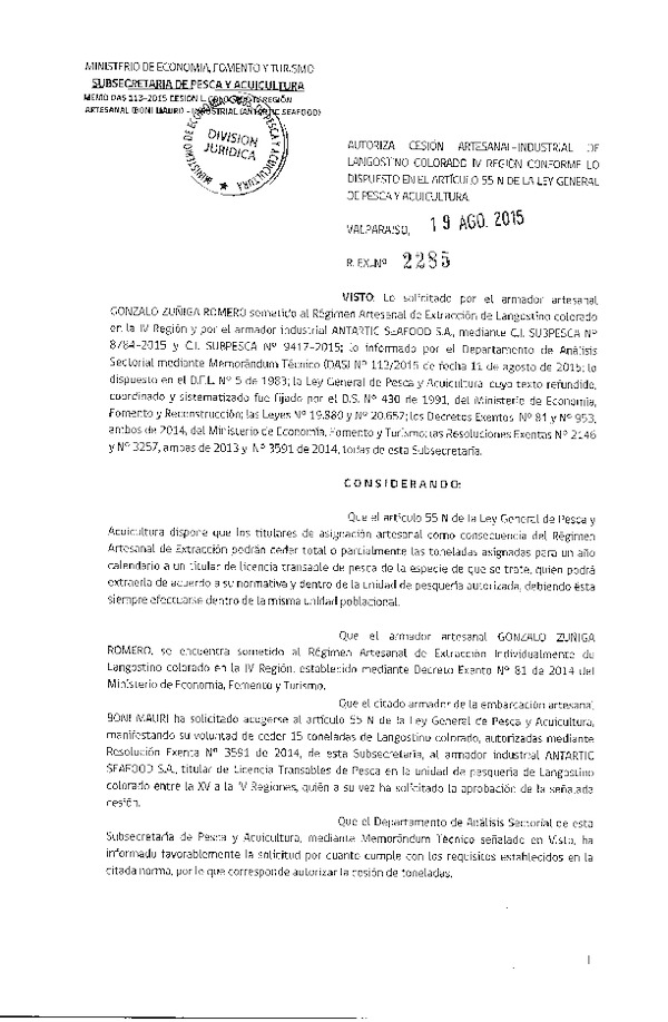 Res. Ex. N° 2285-2015 Autoriza cesión Langostino colorado, IV Regíón.