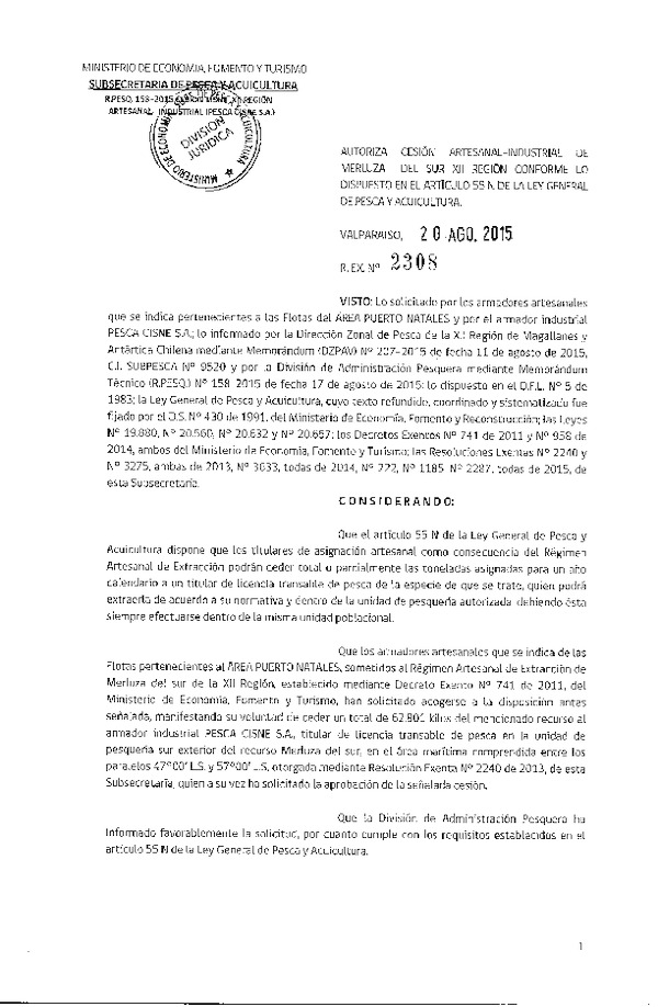 Res. Ex. N° 2308-2015 Autoriza cesión Merluza del sur XII Región.