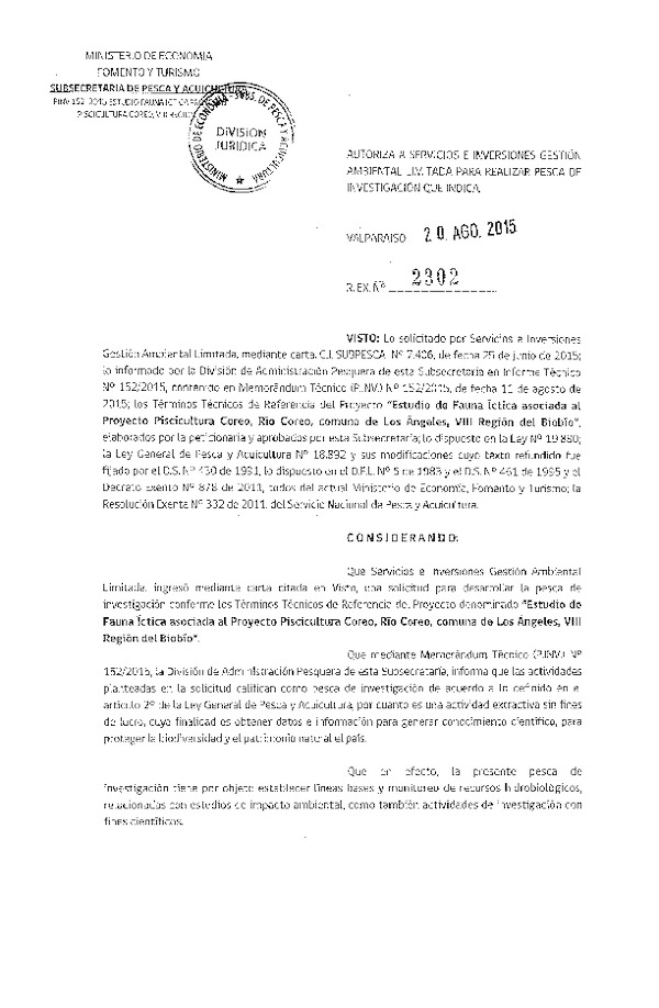Res. Ex. N° 2302-2015 Estudio de fauna íctica Proyecto Piscicultura Coreo, Río Coreo, VIII Región.