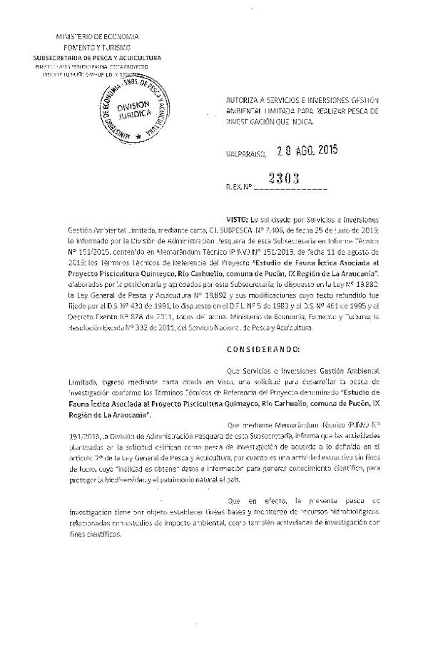 Res. Ex. N° 2303-2015 Estudio de fauna íctica Proyecto Piscicultura Quimeyco, Río Carhuello, IX Región.