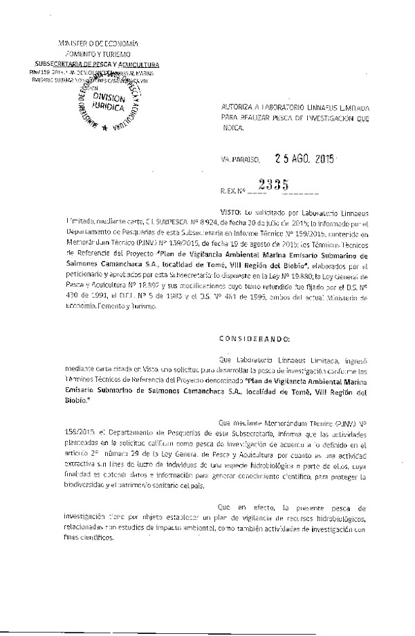 Res. Ex. N° 2335-2015 Plan de vigilancia ambiental marina emisario submarino Salmones Camanchaca S.A. VIII Región del Biobío.