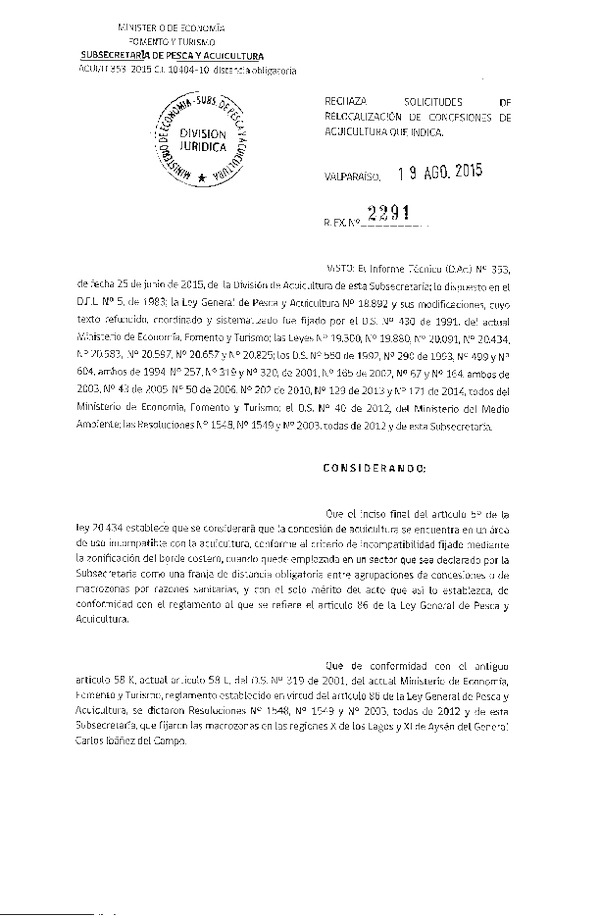 Res. Ex. Nº 2291-2015 Rechaza Solicitudes de Relocalización de Concesiones de Acuicultura.