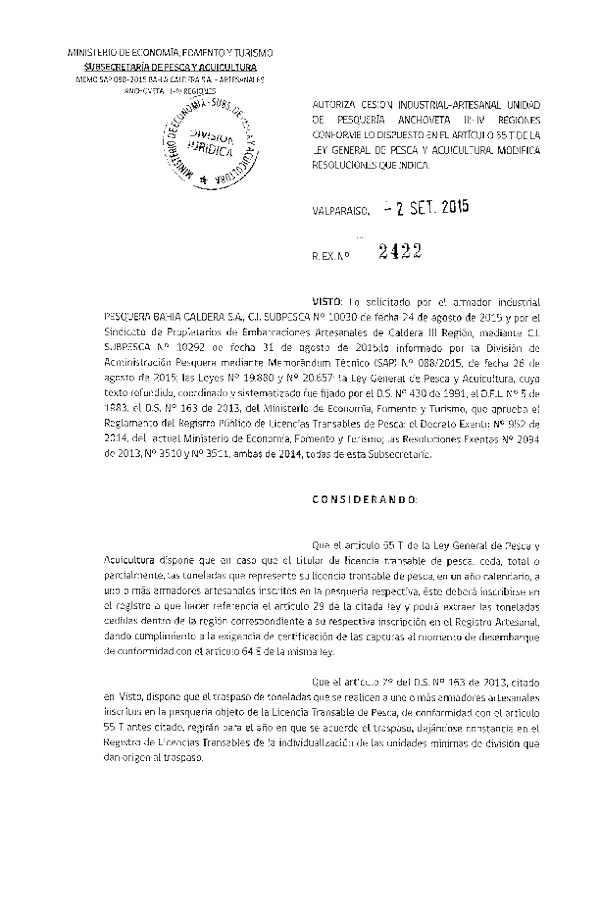 Res. Ex. N° 2422-2015 Autoriza cesión recurso anchoveta, III Región.