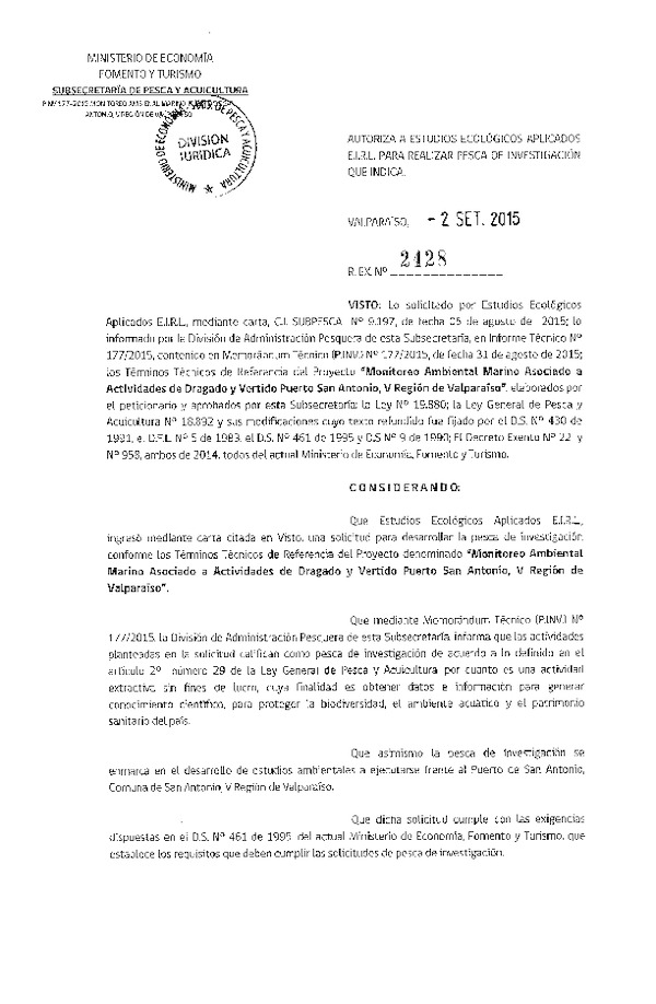 Res. Ex. N° 2428-2015 Monitoreo ambienatl marino asociado a actividades de dragado y vertido Puerto San Antonio, V Región.