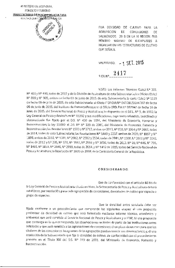 Res. Ex. N° 2417-2015 Fija densidad de cultivo para la agrupación de concesión de Salmónidos 28 B, XI Región. (F.D.O. 07-09-2015)