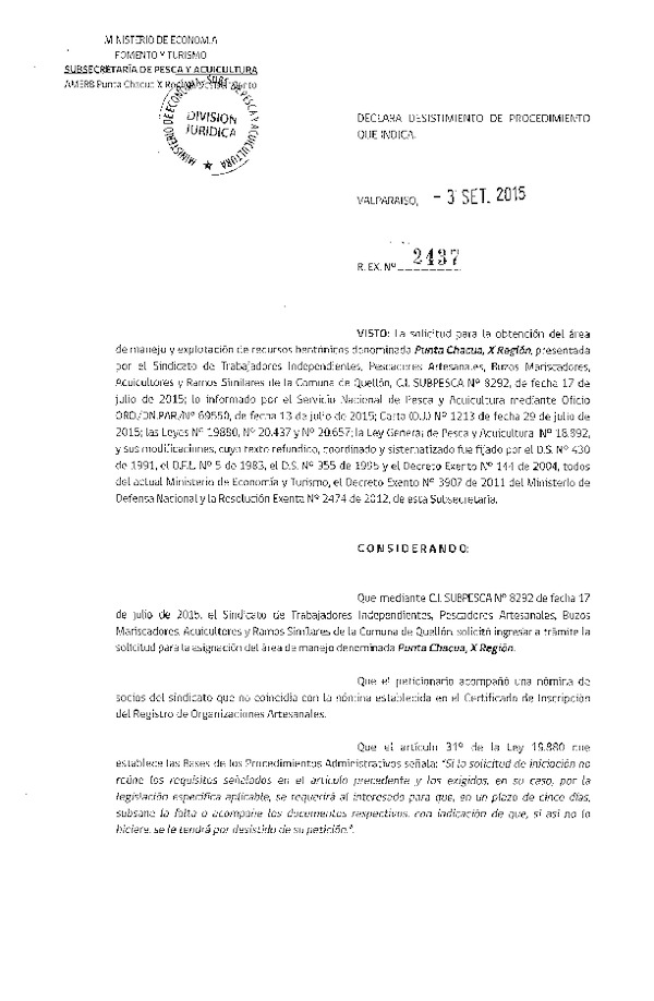 Res. Ex. N° 2437-2015 DECLARA DESISTIMIENTO DE PROCEDIMIENTO QUE INDICA.