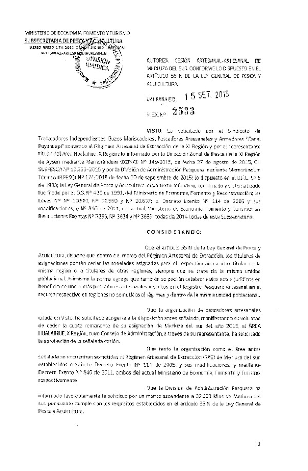 Res. Ex. N° 2533-2015 Autoriza cesión Merluza del sur, XI a X Regíón.