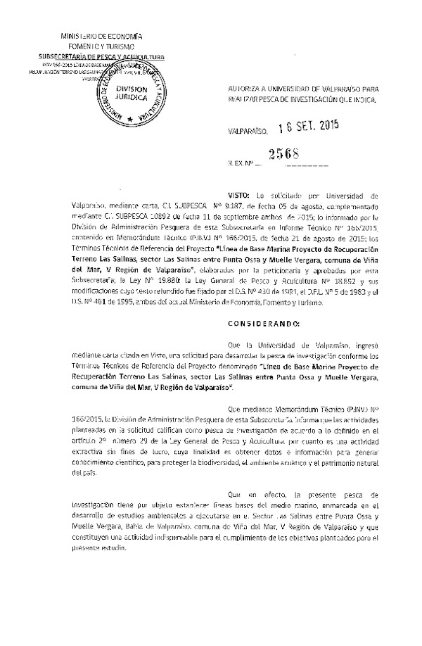 Res. Ex. N° 2568-2015 línea de base marina, comuna de Viña del Mar, V Región.