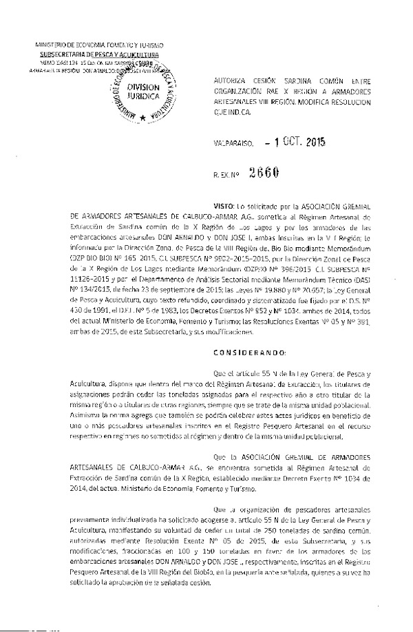 Res. Ex. N° 2660-2015 Autoriza cesión sardina común X a VIII Regón.