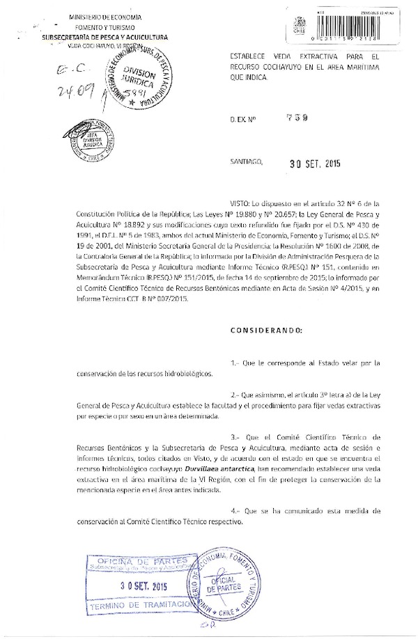 Dec. Ex. N° 759-2015 Establece Veda Extractiva para el recurso Cochayuyo, VI Región. (F.D.O. 05-10-2015)