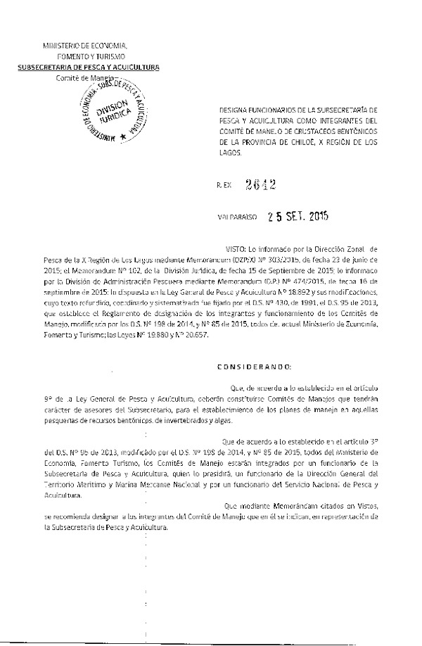 Res. Ex. N° 2642-2015 Designa Funcionarios de la Subsecretaría de Pesca y Acuicultura como Integrantes del Comité de Manejo de Crustáceos Bentónicos, Provincia de Chiloé, X Región de Los Lagos. (F.D.O. 05-10-2015)