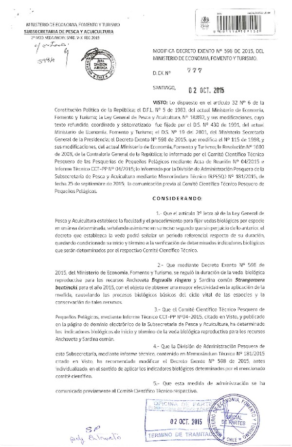 Dec. Ex. N° 777-2015 Modifica Dec. Ex. Nº 598-2015 Veda Biológica Anchoveta y Sardina común V-XIV Región. (F.D.O. 08-10-2015)