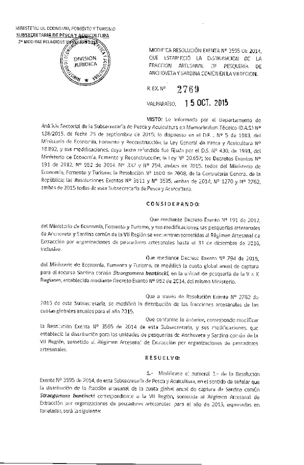 Res. Ex. N 2769-2015 Modifica Res. Ex. N° 3595-2014 Distribución de la Fracción Artesanal de la Cuota Anual de Captura Anchoveta y Sardina común, VII Región. (F.D.O. 21-10-2015)
