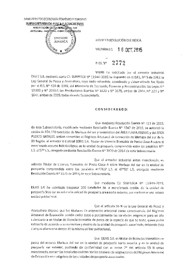 Res. Ex. N° 2772-2015 Modifica Res. Ex. N° 223-2015 Autoriza Cesión Merluza del sur XII Región.