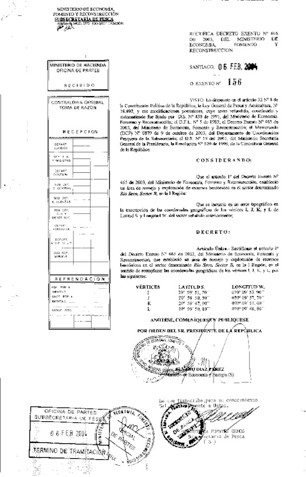 Dec. Ex. N° 156-2004 Rectifica Dec Ex. 465-2003 Área de menjo Río Seco, Sector B, I Región.