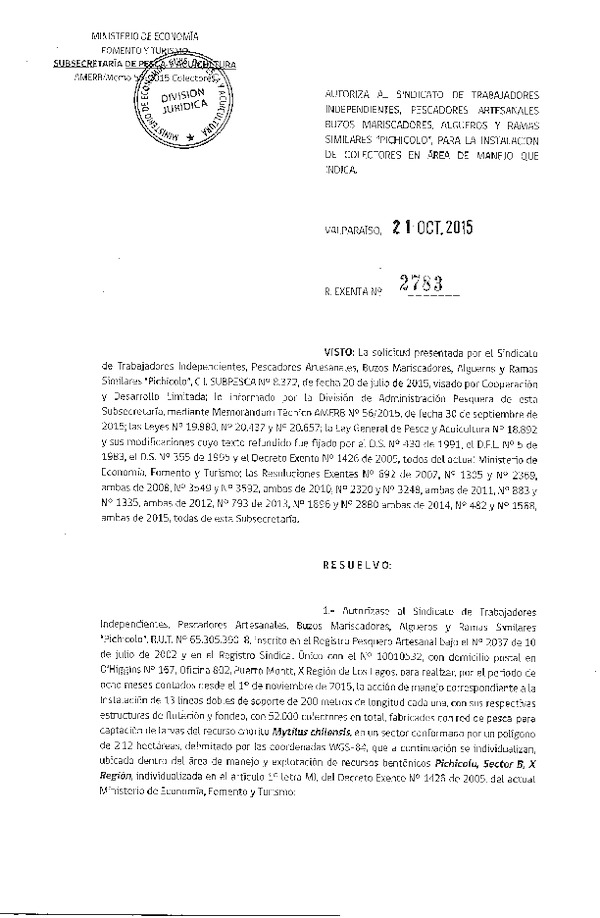 Res. Ex. N° 2783-2015 INSTALACION DE COLECTORES.