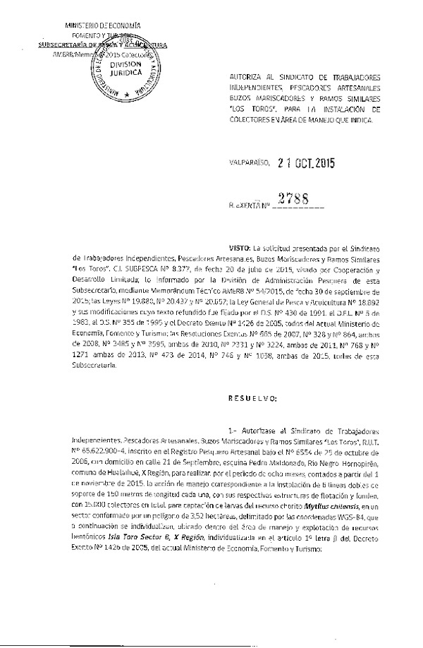 Res. Ex. N° 2788-2015 INSTALACION DE COLECTORES.