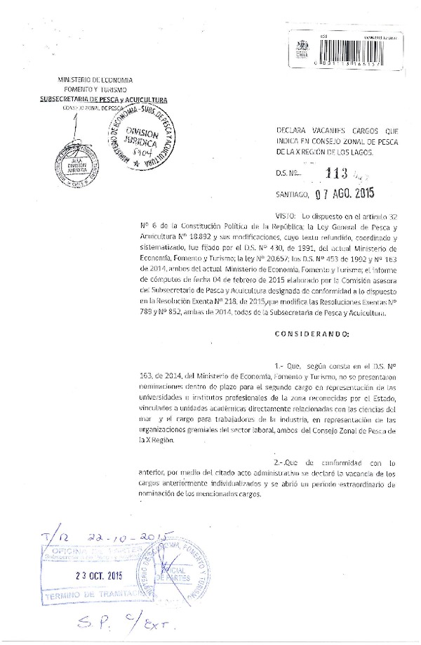 Dec. Ex. N° 113-2015 Declara Vacantes Cargos que Indica en CZP de la X Región de Los Lagos. (F.D.O. 29-10-2015)