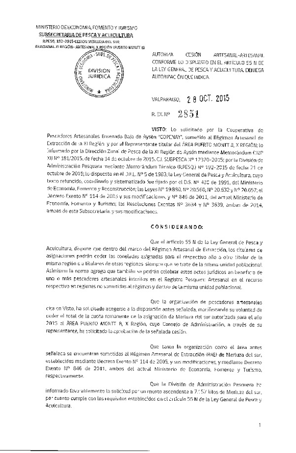 Res. Ex. N° 2851-2015 Autoriza cesión Merluza del sur, XI a X Regíón.
