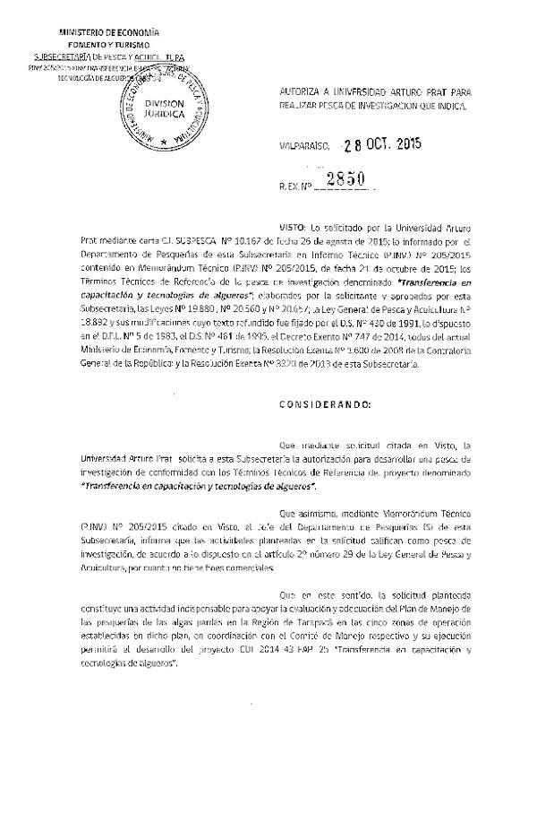 Res. Ex. N° 2850-2015 Transferencia en Capacitación y Técnologías de Algueros.