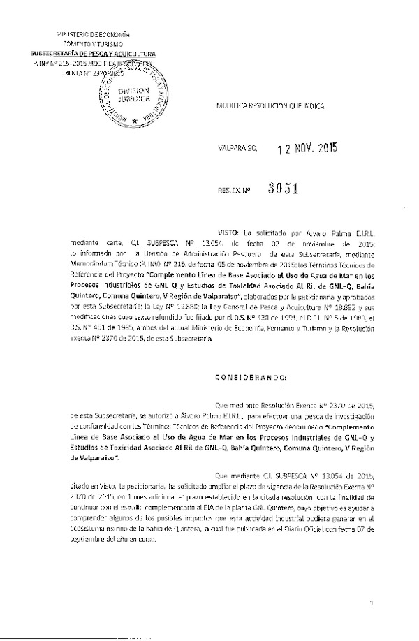 Res. Ex. N° 3050-2015 Autoriza cesión Sardina común X a VIII Región.