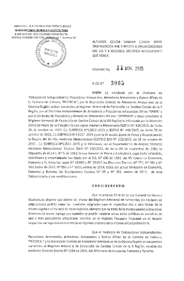 Res. Ex. N° 3065-2015 Autoriza Cesuón Sardina común, X a VIII Región.