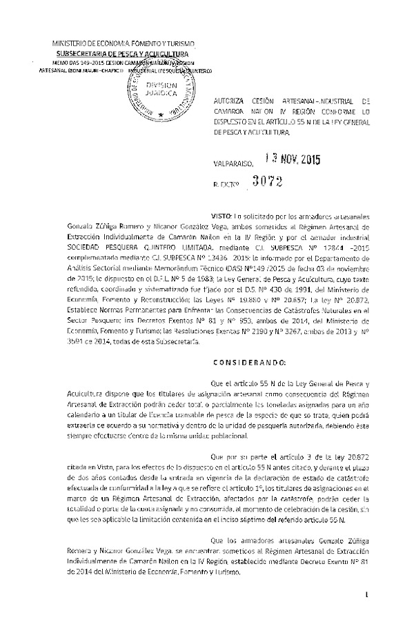 Res. Ex. N° 3072-2015 Autoriza Cesión Camarón Nailon, IV Región.